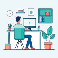 Man wearing blue jeans sits at desk facing computer in minimalist room vector