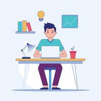 Young man is sitting at desk, using his laptop with a lightbulb above him vector