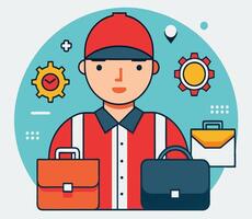 Flat asian cartoon worker displays colorful briefcases against an abstract blue geometric background, isolated vector