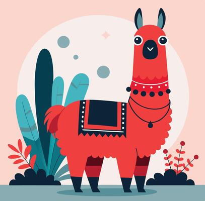 Red llama with necklace stands by stylized plants and dark bushes on light background