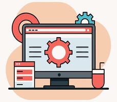 Illustrated computer displays a red gear, while a blue gear sits atop it vector