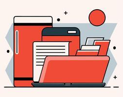 Stylized technology stack shows file folder, phone, monitor, and documents on light background vector