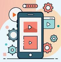 Mobile phone displaying interfaces is surrounded by gears on a soft background vector