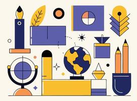 Various abstract geometric shapes including a globe, candle, and pencils against an offwhite background vector