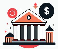 Bold architectural building features geometric accents with a currency symbol against a bright white backdrop vector