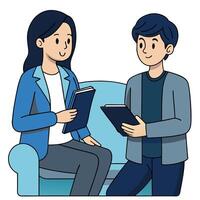 Two young colleagues review reports on a light blue couch, with transparent background vector