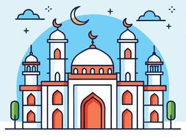 Outlined mosque stands under a crescent moon surrounded by clouds on a light blue background vector