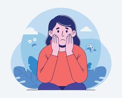 Sad female character sits, she holds her face with visible melancholic icons around vector