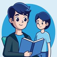 Smiling man reads a book with a young boy standing near, on blue background vector