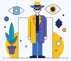 Man wearing coat and sunglasses stands between open eyes and a plant vector