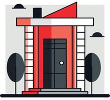 Red building showcases modern architectural lines and geometric shapes with minimalist trees surrounding it vector