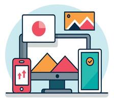Smartphone uploads data as desktop shows charts connecting with tablet confirmation vector