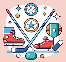 Crossed hockey sticks with skates and decorative circles create a sporty flat layout vector