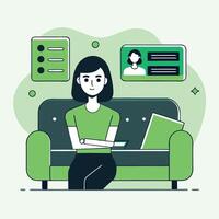 Darkhaired woman crosses arms while sitting on a green sofa with transparent background vector