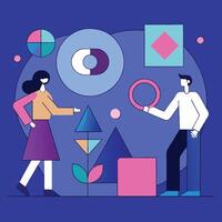 Woman and man interact with vibrant geometric forms against a dark blue backdrop vector