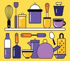 Kitchen tools are arranged on a shelf over a bright yellow background scene vector