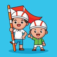 Two happy Indonesian boys proudly display the red and white flag on a bright blue background vector