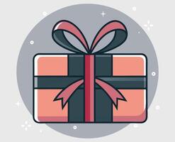 Gift box with pink ribbon sitting against a grey circle background has a transparent background vector