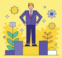 An ambitious fairskinned man confidently stands atop abstract purple platforms against a sunny yellow backdrop vector