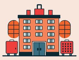Whimsical cartoon apartment building with round windows and two rolling suitcases creates a playful image vector