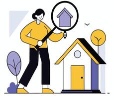 A smiling woman inspects a property with a magnifying glass, flat vector
