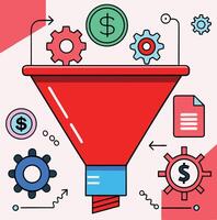 Red funnel gathers money with gear mechanisms, showing data conversion process from top to bottom vector