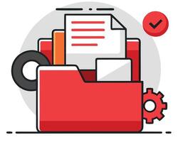 A red open folder contains document files and a gear near a checkmark icon vector