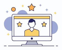 Monitor displays a person with star graphics against a white background, simple digital outline vector