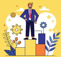 Smiling Caucasian man confidently standing atop a vibrant graphical bar chart illustration vector