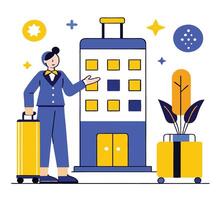Female concierge presents a building while holding luggage on a white background with abstract shapes vector