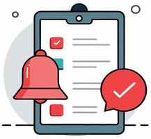 Notification bell rings next to a clipboard with completed items marked with checks on white vector