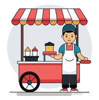 Smiling asian vendor holds treats next to his striped red cart with a transparent background vector