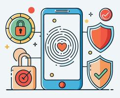 Smartphone displays fingerprint heart scan guarded by lock, security shields representing privacy on light backdrop vector