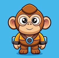 Cartoon monkey character with bright eyes and space suit stands against a blue backdrop vector