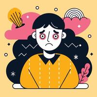 Depressed boy experiences anxiety with dark clouds, stars, pink clouds and rainbow vector