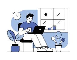 Fairskinned man holds coffee while working remotely with laptop inside home office vector