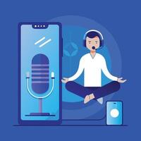 Young man wearing headphones meditates near a smartphone displaying a microphone on a solid background vector
