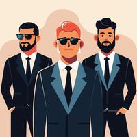 Three serious men with beards and sunglasses pose in dark suits on beige background vector
