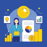 Smiling professional woman holds folder amidst increasing charts and graphs on blue background vector
