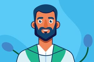 Smiling man with dark hair and beard stands against a clean blue backdrop vector