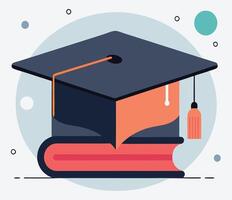 A dark cap and light orange tassel sit on a layered book surface vector