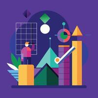 Man surveys the geometric landscape with binoculars amidst colorful shapes on a purple backdrop vector