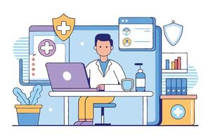 Asian doctor works on laptop while seated at desk in virtual office space vector