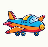 Cartoon airplane with smiling face is colored blue, orange, and red against white vector