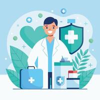 Smiling doctor in white coat stands with medical kit and health shield vector