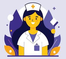 Smiling fair skinned female nurse wears a cap and white coat with violet shapes vector