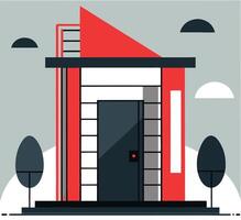 Geometric house facade displays red architectural detail and simple nature in a minimal composition vector