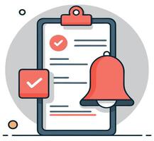 Red bell and checkmark symbols decorate the gray clipboard in illustration vector