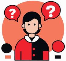 Animated woman faces red question marks, she seems unsure with many queries vector