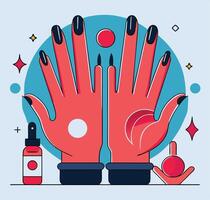 Stylish hands with dark nail polish are surrounded by cosmetic elements on bright backdrop vector